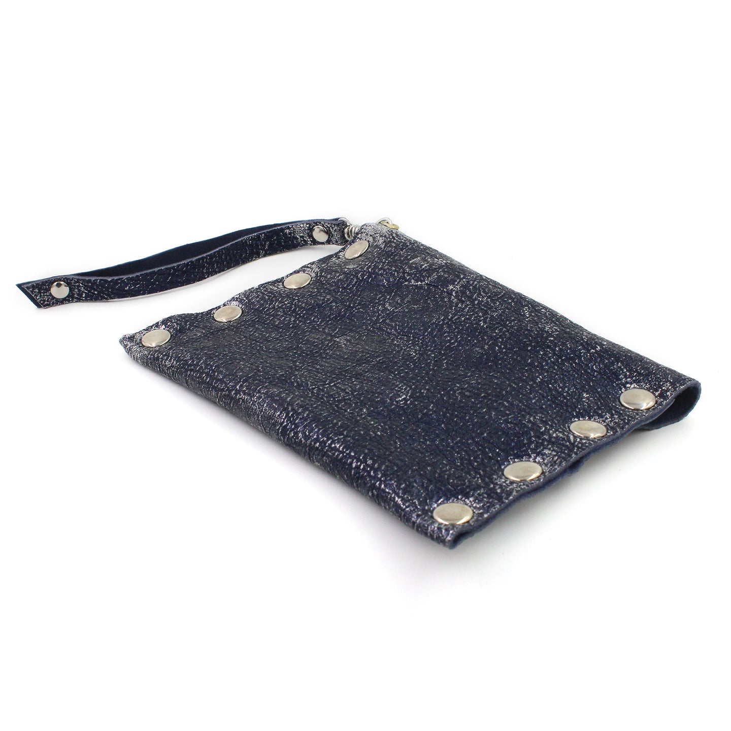 Midnight Blue & Silver Foil Leather Clutch Wristlet