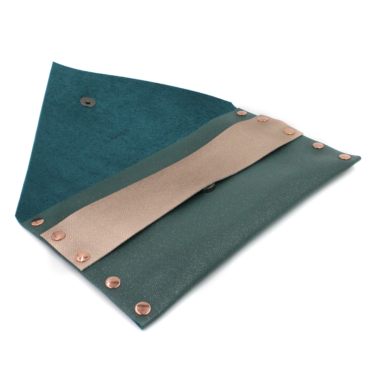 Metallic Teal Leather Envelope Clutch with Rose Gold Strap