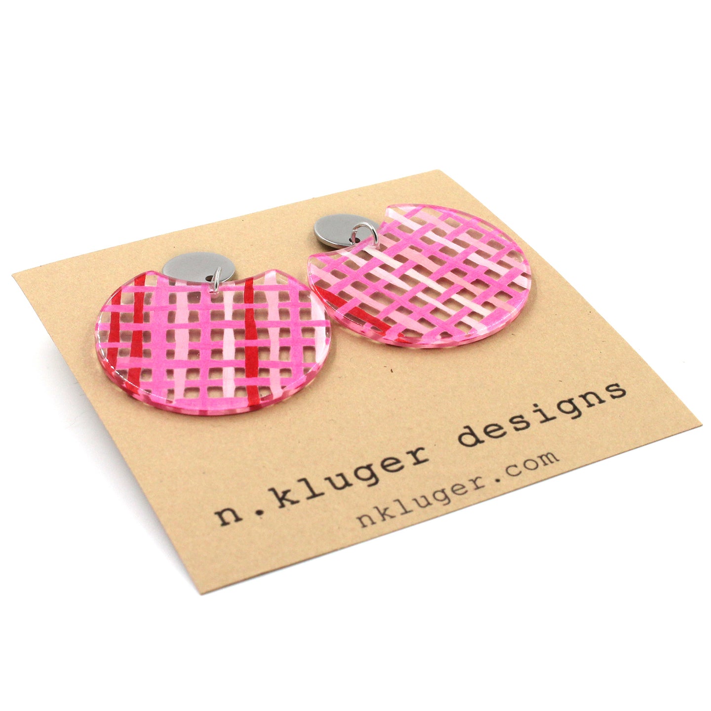 Pink Basketweave Circle Cutout Acrylic Drop Earrings