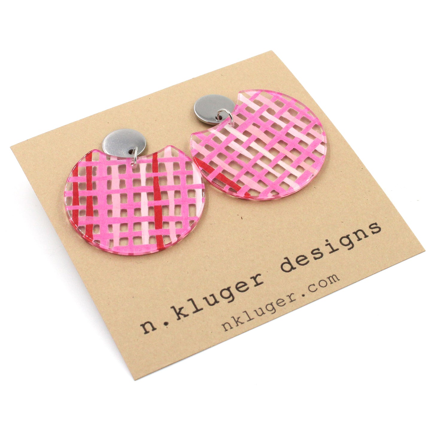 Pink Basketweave Circle Cutout Acrylic Drop Earrings