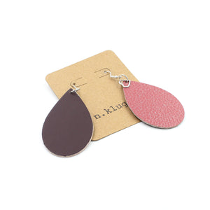 Pink Metallic Leather Drop Love Earrings with Mauve Backside
