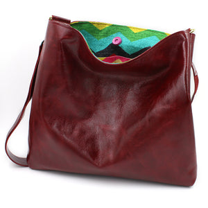 Rainbow-Lined Red Leather Shoulder/Cross-Body Bag - N.Kluger Designs totebag