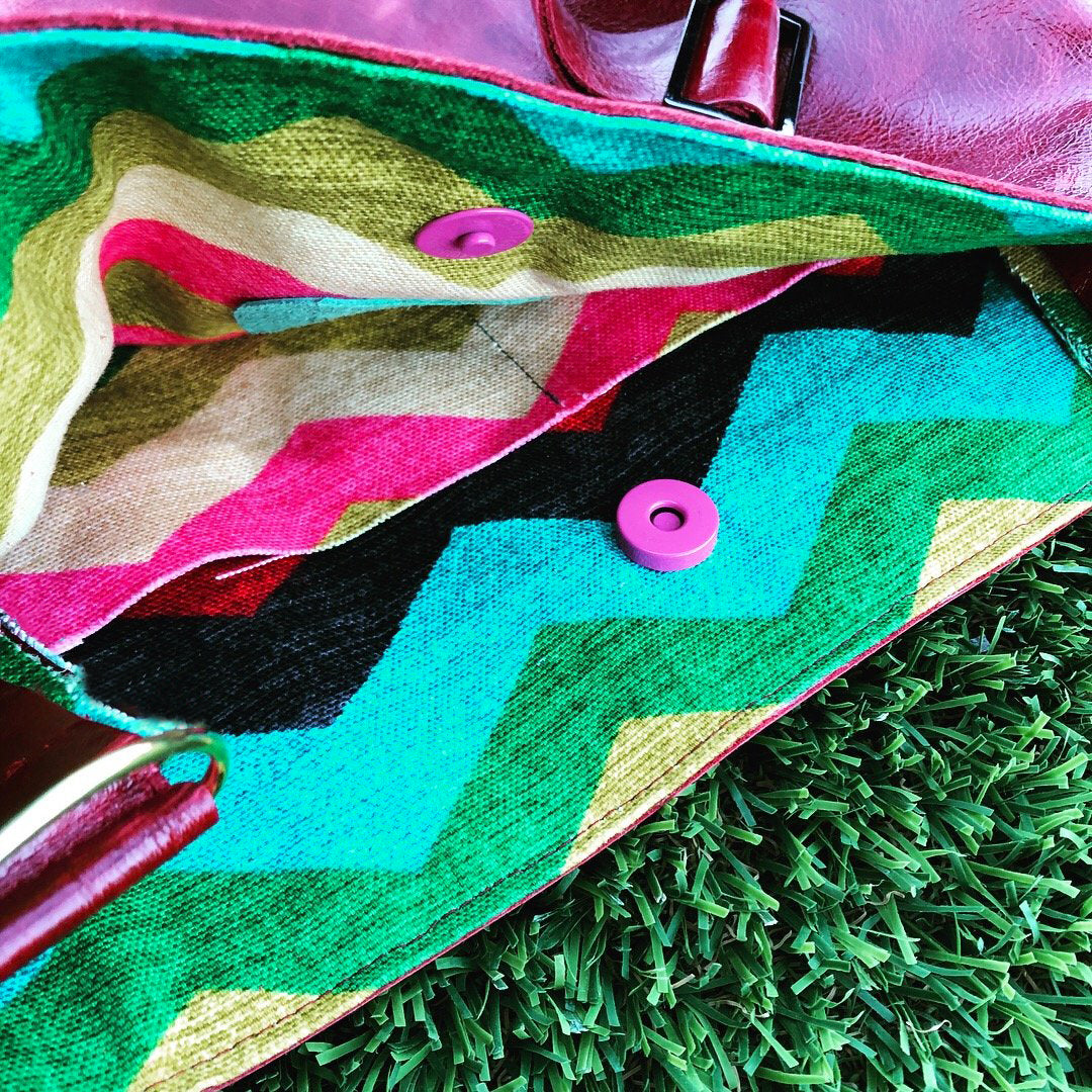 Rainbow-Lined Red Leather Shoulder/Cross-Body Bag - N.Kluger Designs totebag