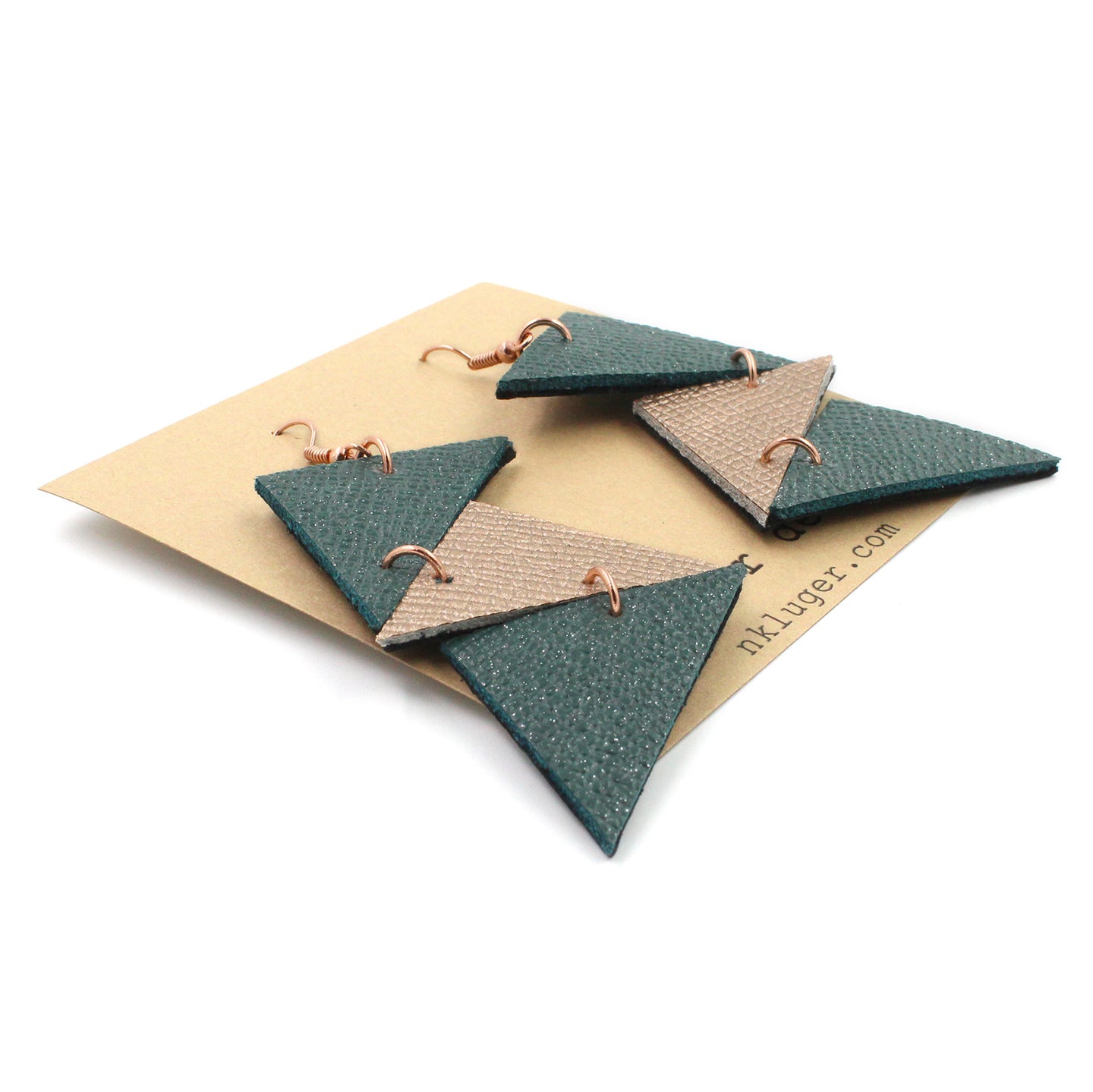 Geometric Glitter Teal & Rose Gold Leather Drop Earrings