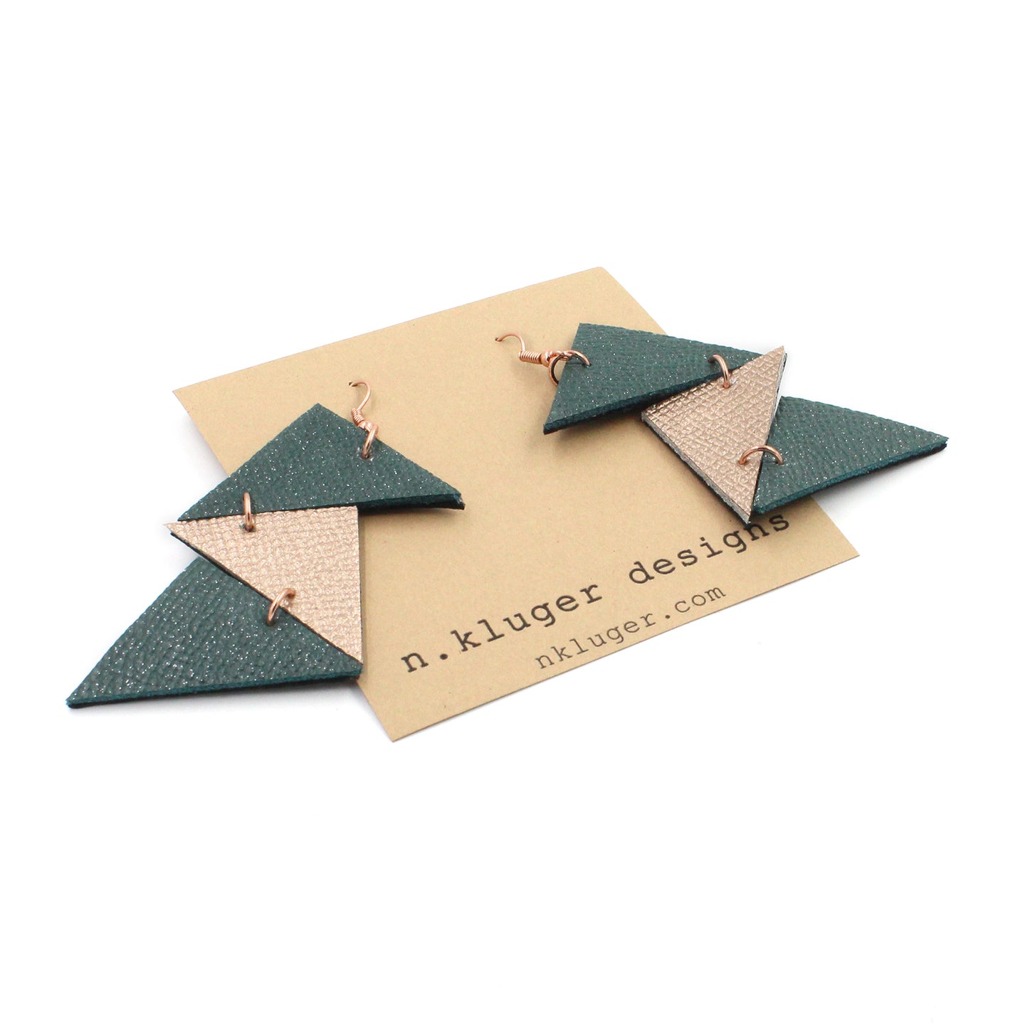 Geometric Glitter Teal & Rose Gold Leather Drop Earrings
