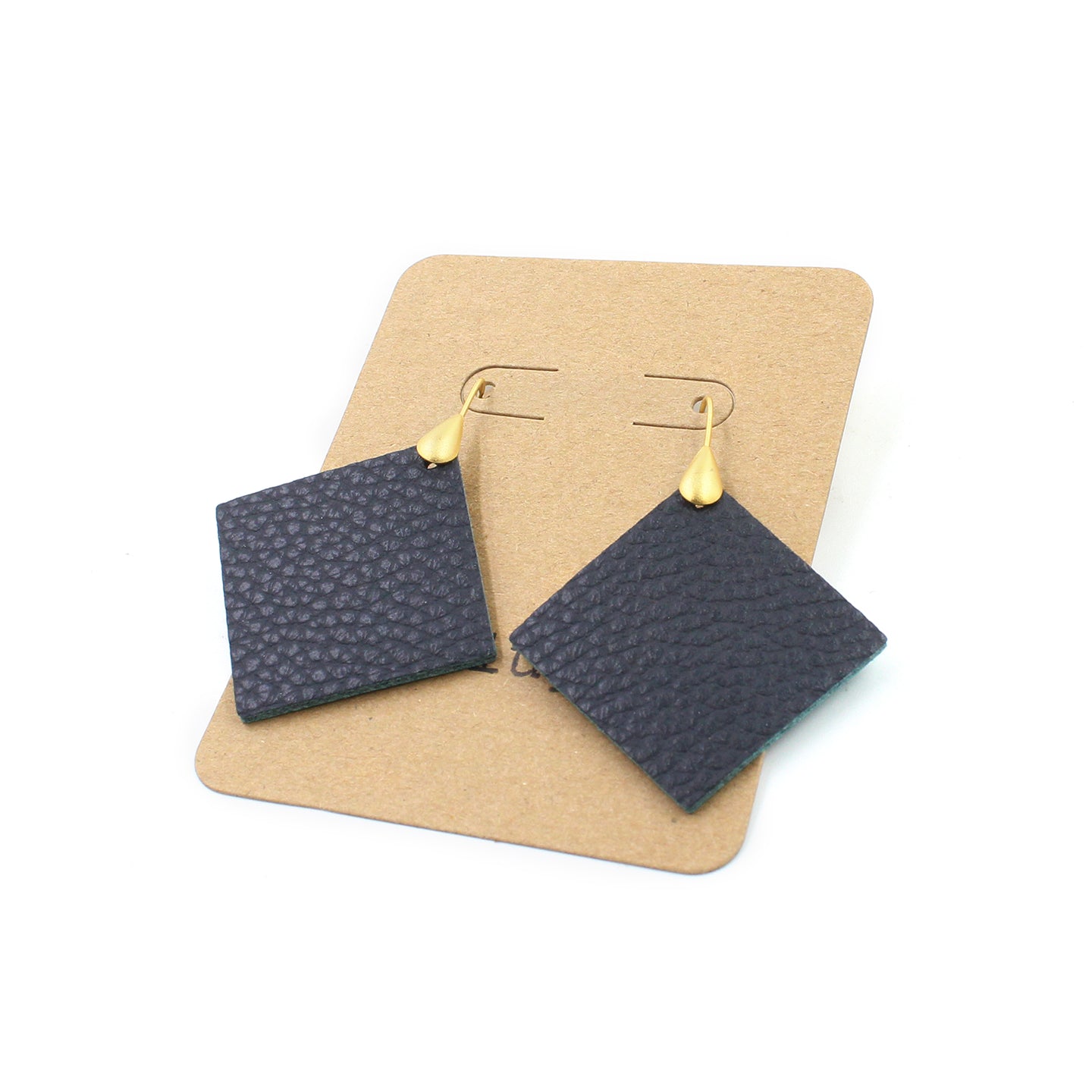 Navy Blue Pebbled Leather Drop Earrings with Teal Backside