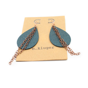 Textured Metallic Teal Leather Drop Earrings with Copper Chain