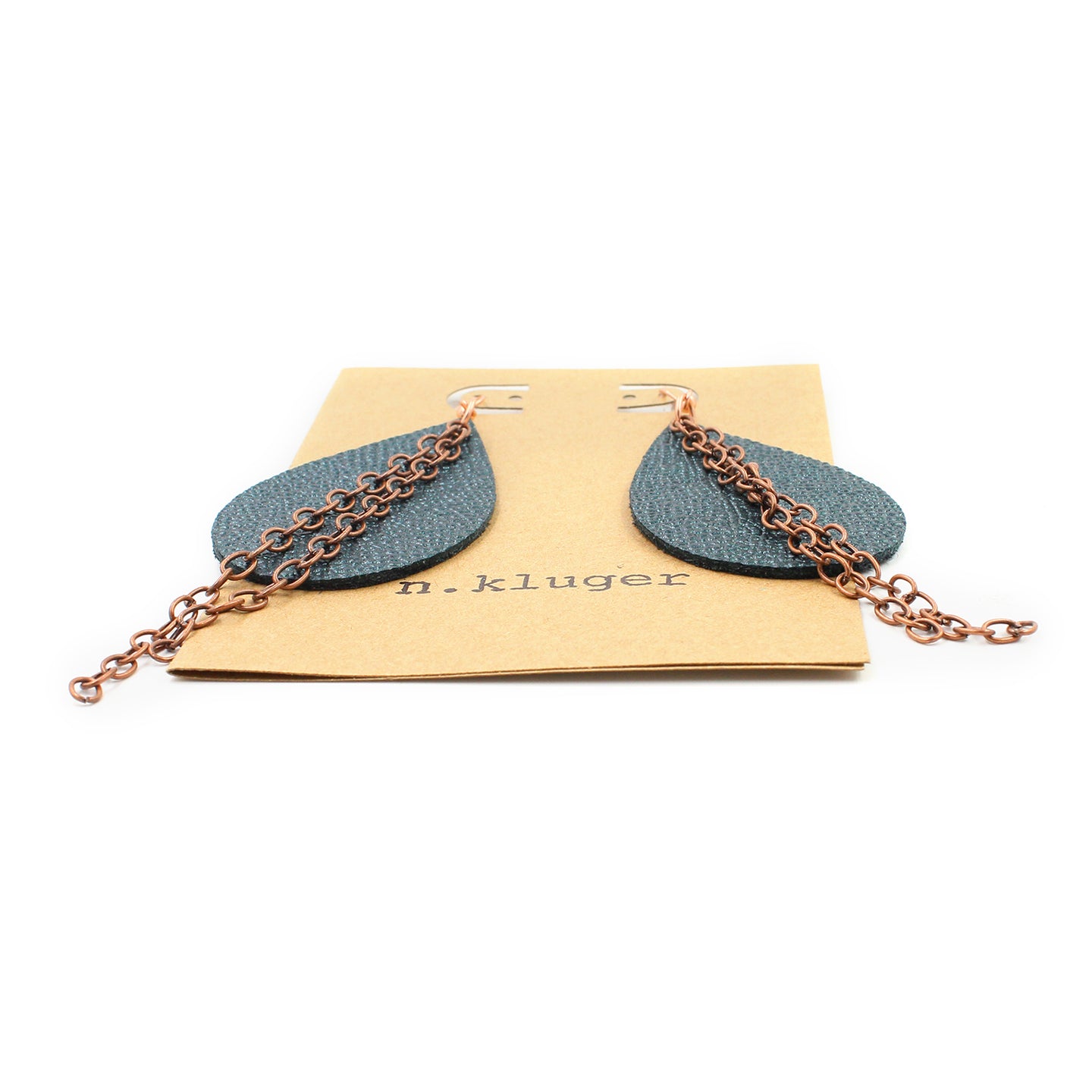Textured Metallic Teal Leather Drop Earrings with Copper Chain
