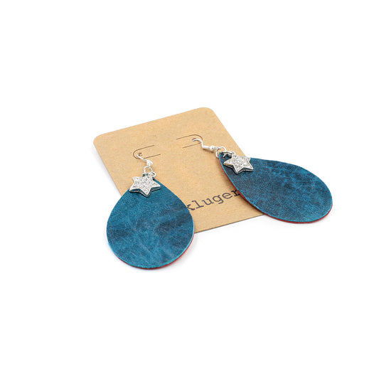 Distressed Teal Leather Drop Star Earrings with Red Glitter Backside - N.Kluger Designs Earrings
