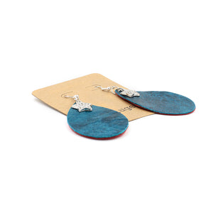 Distressed Teal Leather Drop Star Earrings with Red Glitter Backside - N.Kluger Designs Earrings