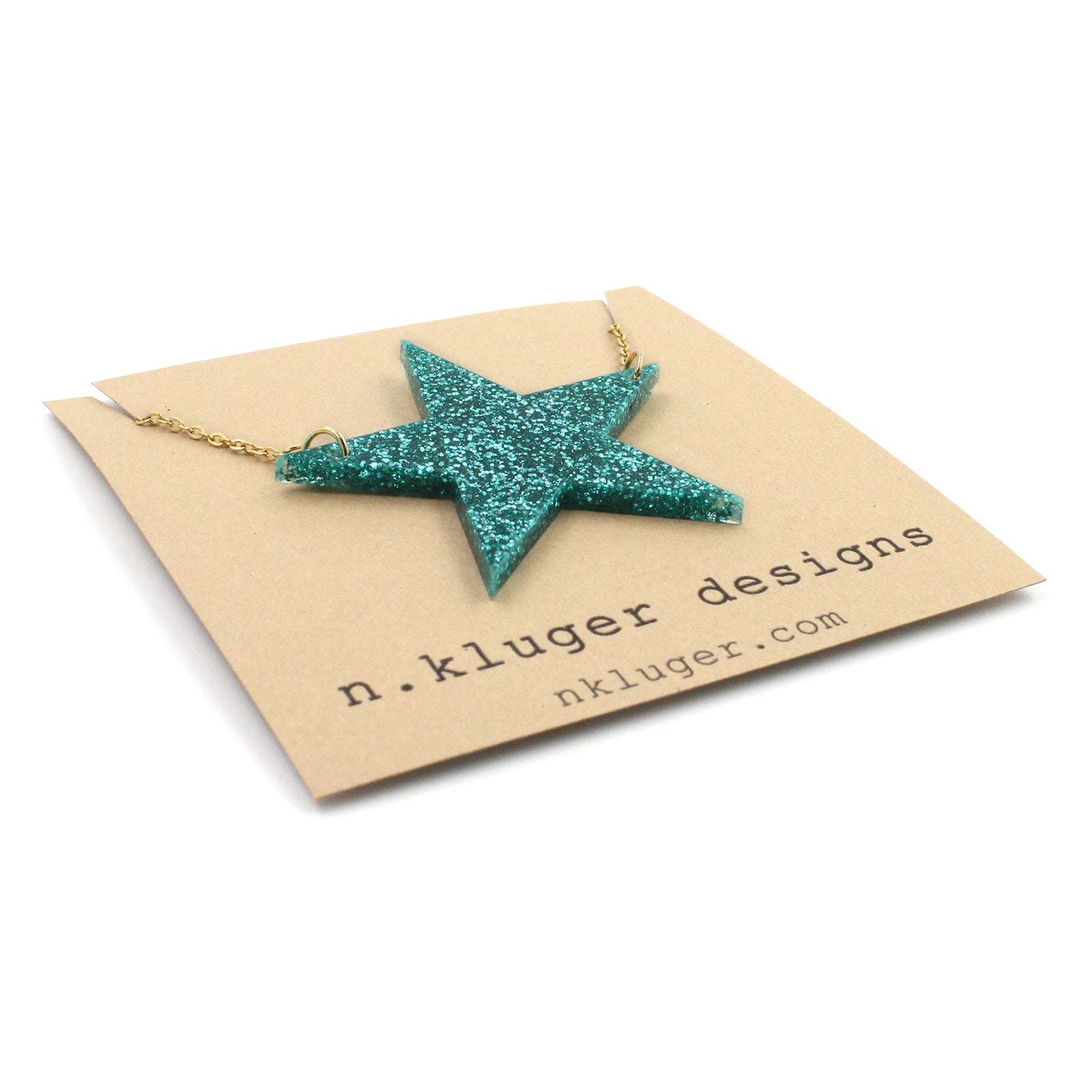 Acrylic Teal Glitter Star Necklace on Gold Chain
