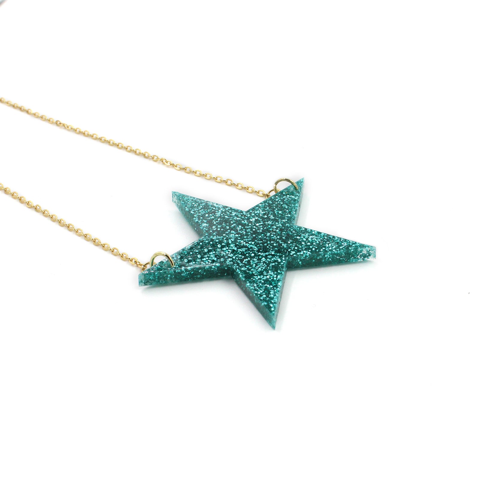 Acrylic Teal Glitter Star Necklace on Gold Chain