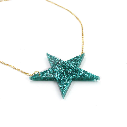 Acrylic Teal Glitter Star Necklace on Gold Chain