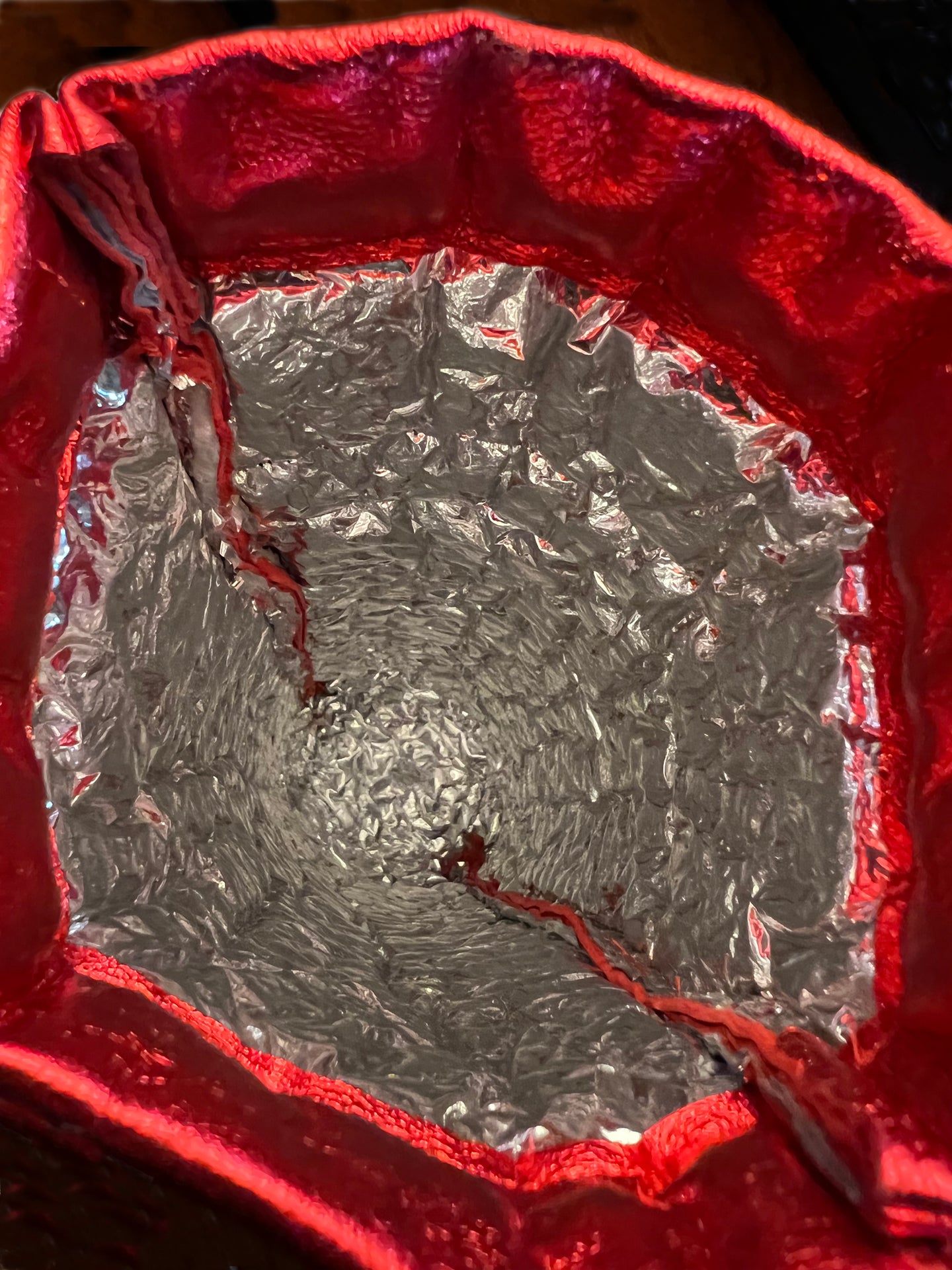 Red Leather Insulated Wine Gift Bag with Attached Gold Ribbon