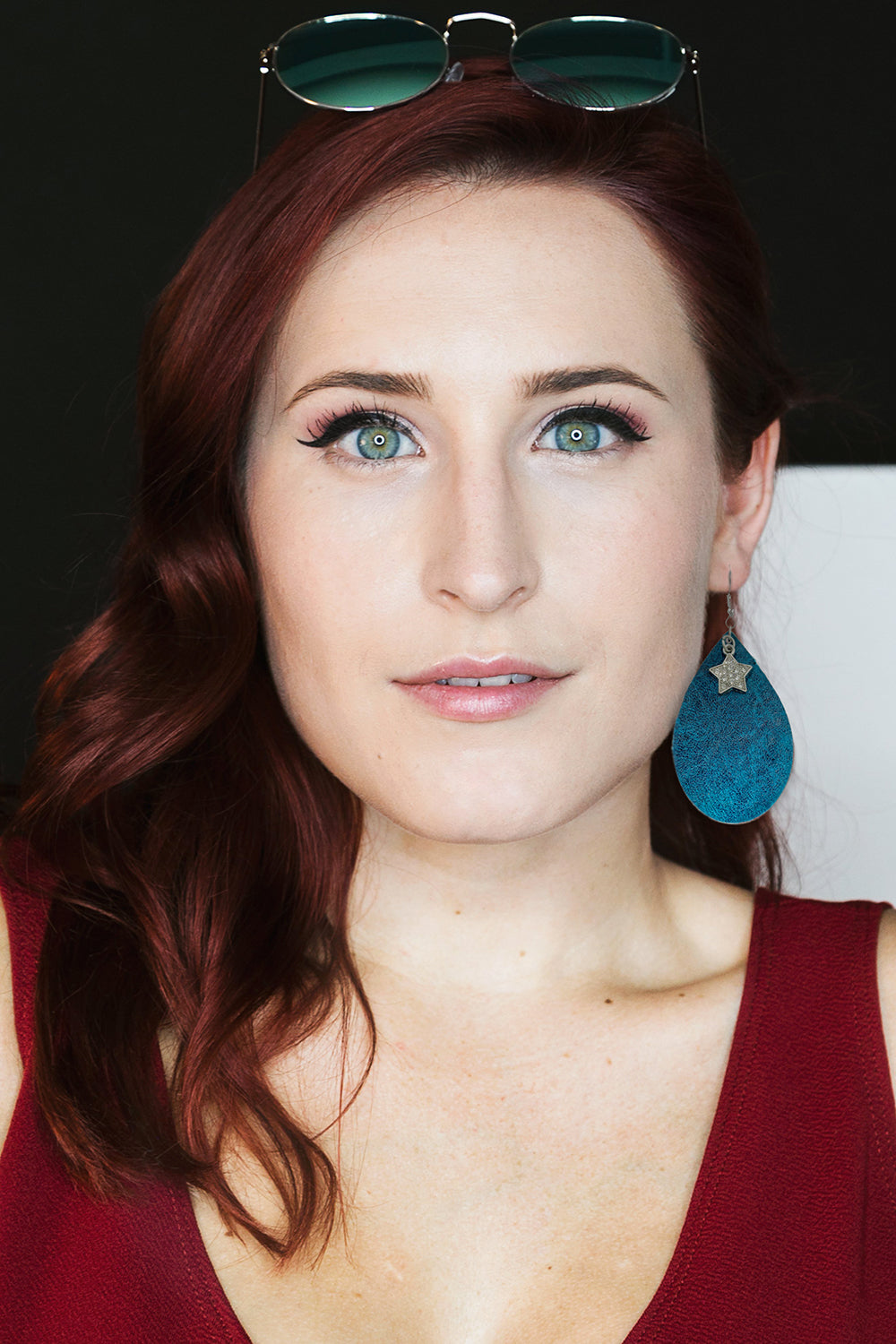 Distressed Teal Leather Drop Star Earrings with Red Glitter Backside - N.Kluger Designs Earrings