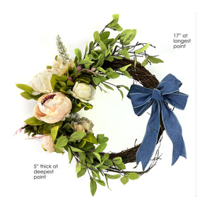 Spring Door Wreath with Denim Ribbon Bow