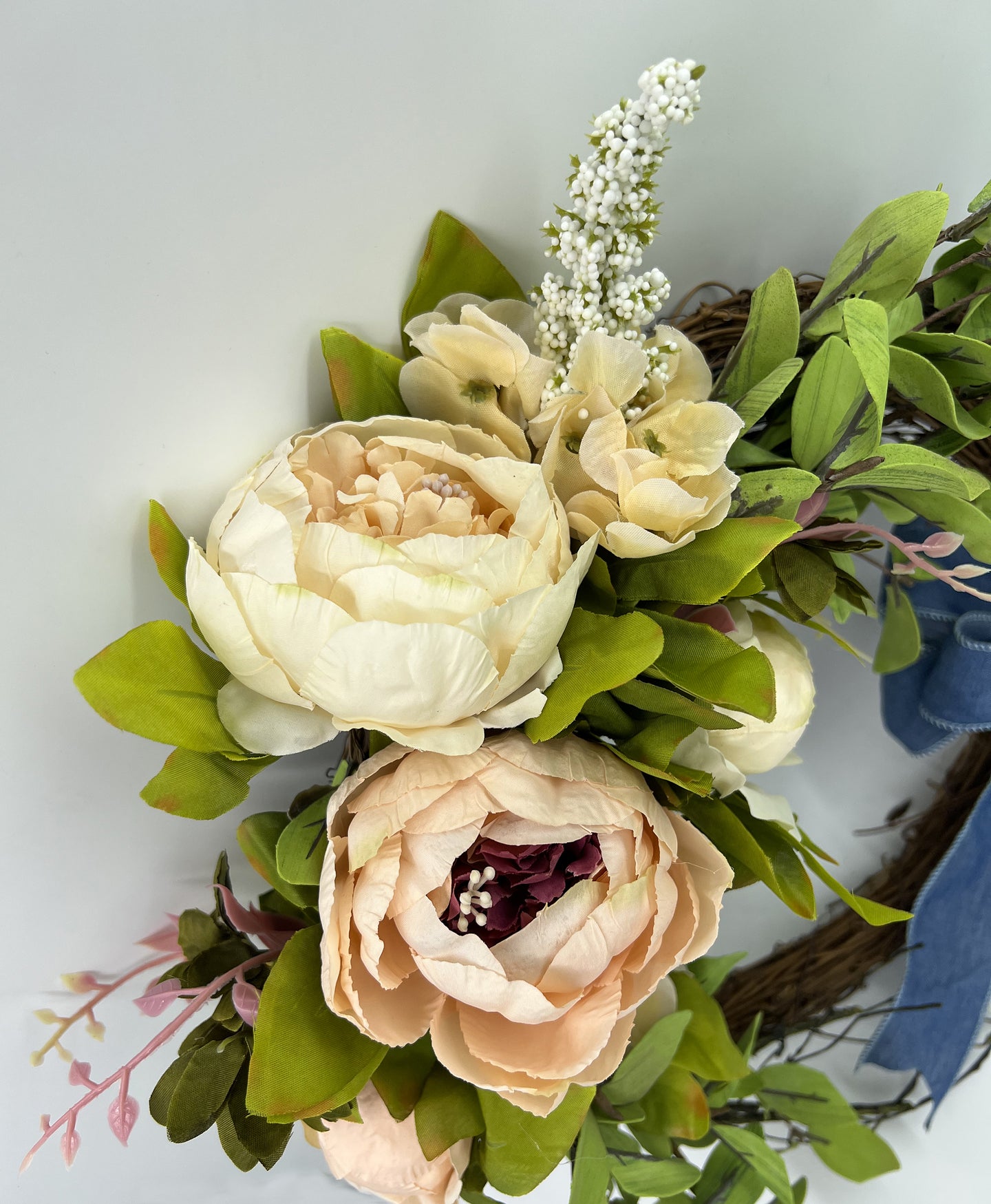 Spring Door Wreath with Denim Ribbon Bow