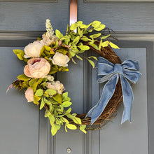 Spring Door Wreath with Denim Ribbon Bow