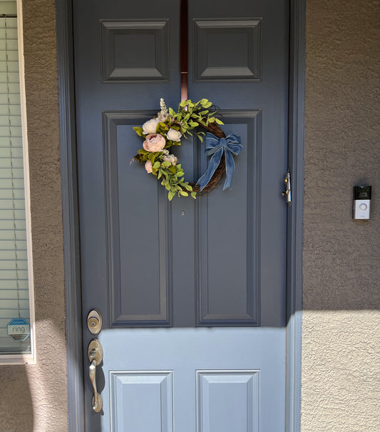 Spring Door Wreath with Denim Ribbon Bow